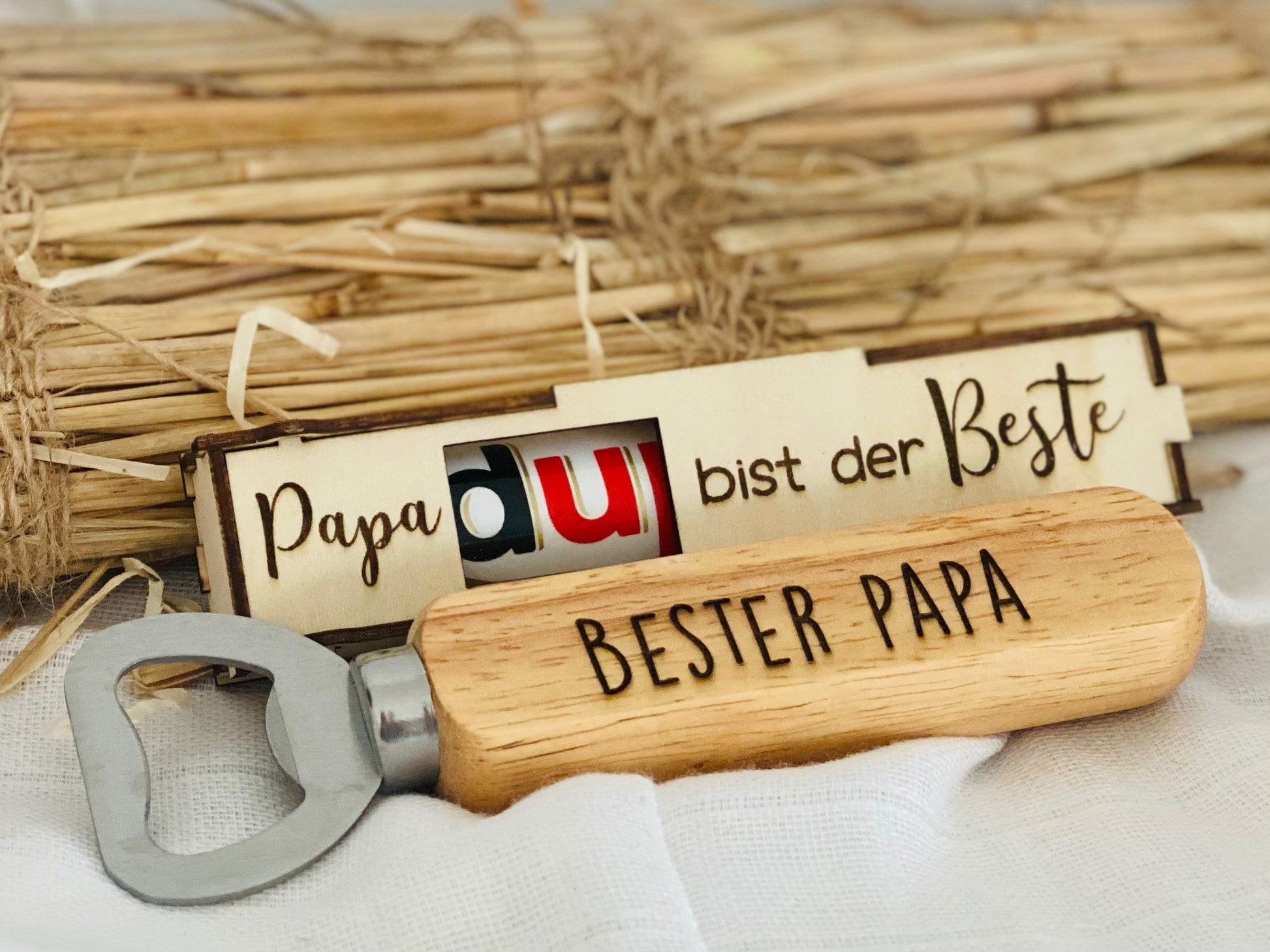 Vatertag Geschenkset - personalisierter Flaschenöffner + Duplobox