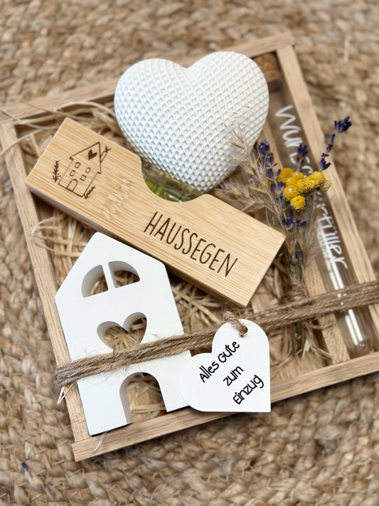 Einweihungsgeschenk, Einzug in Haus / Wohnung, neues Zuhause, Geldgeschenk, Geschenkset mit Holzbox, Wasserwaage, Haussegen